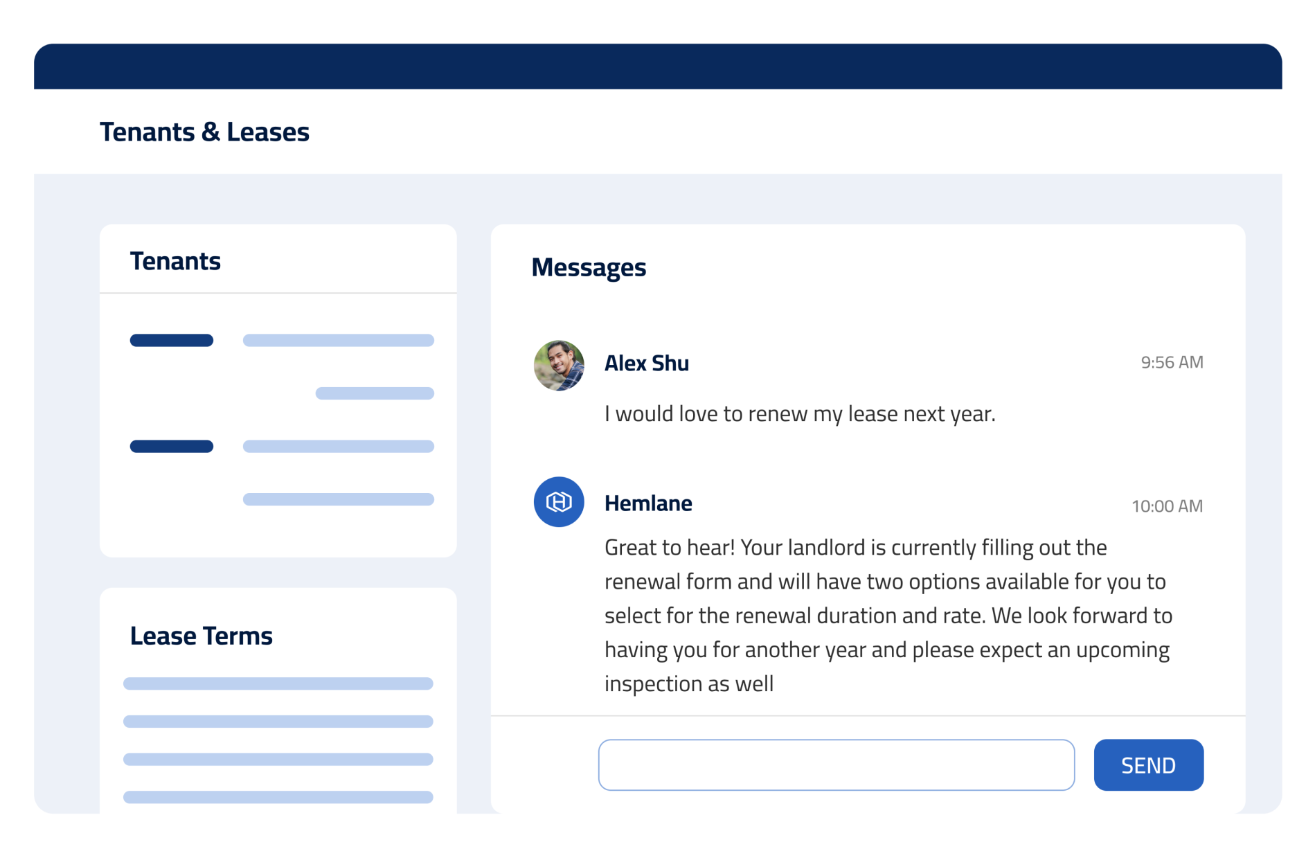 Wireframe demonstrating tenant communication portal